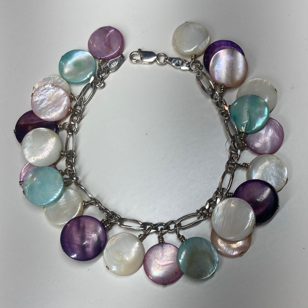 925 Silver Figaro Chain with Mother of Pearl Dangle Discs